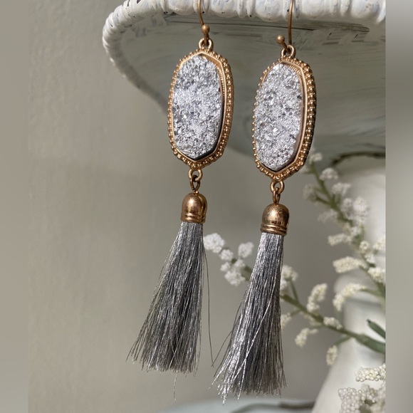 Silver Druzy Tassel Dangle Earrings - Picture 4 of 14